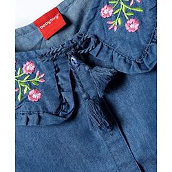 Babyhug Sleeveless Front Open Peter Pan Collared Denim Top with Floral Embroidery - Navy Blue