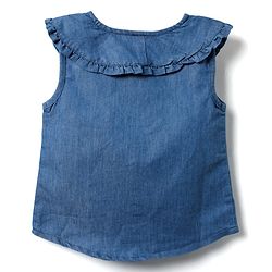 Babyhug Sleeveless Front Open Peter Pan Collared Denim Top with Floral Embroidery - Navy Blue