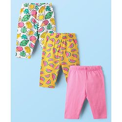 Babyhug Cotton Lycra Knit Three Fourth Fruit Printed Leggings Pack of 3 - Pink Yellow & White