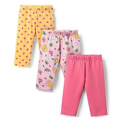 Babyhug Cotton Lycra Knit Three Fourth Leggings with Heart & Floral Print Pack of 3 - Yellow & Pink