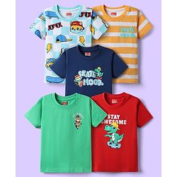 Babyhug 100% Cotton Knit Half Sleeves Striped T-Shirts with Animal Print Pack of 5 - Multicolor