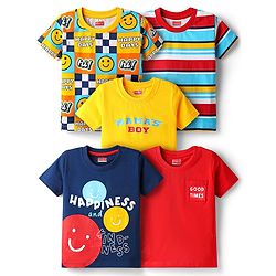 Babyhug 100% Cotton Knit Half Sleeves T-Shirt with Stripes & Smiley Print Pack of 5 - Red & Navy Blue