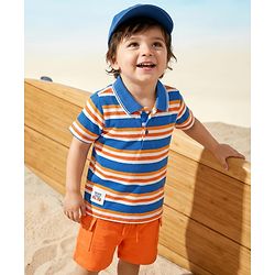 Babyhug Single Jersey Knit Half Sleeves Polo T-Shirt & Shorts Set with Stripes - Orange & Blue