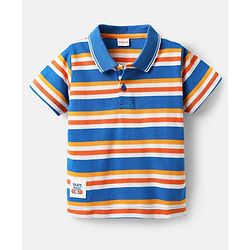 Babyhug Single Jersey Knit Half Sleeves Polo T-Shirt & Shorts Set with Stripes - Orange & Blue