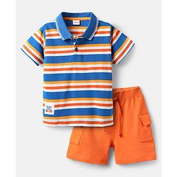 Babyhug Single Jersey Knit Half Sleeves Polo T-Shirt & Shorts Set with Stripes - Orange & Blue