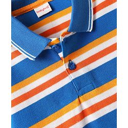 Babyhug Single Jersey Knit Half Sleeves Polo T-Shirt & Shorts Set with Stripes - Orange & Blue