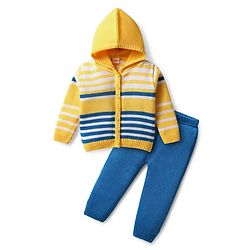 Babyhug Full Sleeves Hooded Front Open Sweater Set With Stripes Design - Golden & Blue