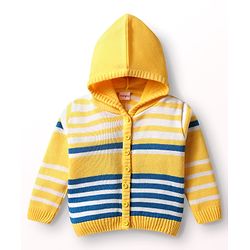 Babyhug Full Sleeves Hooded Front Open Sweater Set With Stripes Design - Golden & Blue