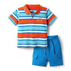 Babyhug Single Jersey Knit Half Sleeves T-Shirt & Shorts Set With Stripes - Light Blue