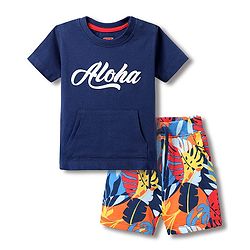 Babyhug Single Jersey Knit Half Sleeves T-Shirt and Shorts Set with Aloha Text Print - Navy Blue