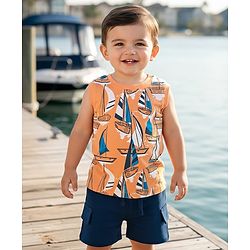 Babyhug Single Jersey Knit Sleeveless Tank T-Shirt & Shorts Set With Nautical Print Theme - Orange & Navy Blue