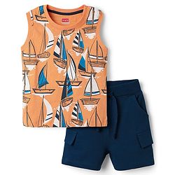 Babyhug Single Jersey Knit Sleeveless Tank T-Shirt & Shorts Set With Nautical Print Theme - Orange & Navy Blue