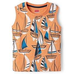 Babyhug Single Jersey Knit Sleeveless Tank T-Shirt & Shorts Set With Nautical Print Theme - Orange & Navy Blue