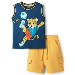 Babyhug Single Jersey Knit Sleeveless Tank T-Shirt & Shorts Set with Tiger Print - Navy Blue & Yellow