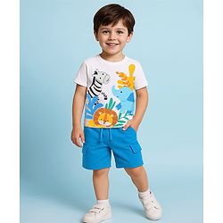 Babyhug Single Jersey Knit Half Sleeves T-Shirt & Shorts Set With Animal Print - White & Blue