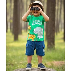 Babyhug Single Jersey Knit Half Sleeves T-Shirt & Shorts Set With Animal Print - Green & Blue