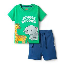 Babyhug Single Jersey Knit Half Sleeves T-Shirt & Shorts Set With Animal Print - Green & Blue