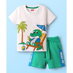 Babyhug Single Jersey Knit Half Sleeves T-Shirt & Shorts Set with Crocodile Print - Green & White