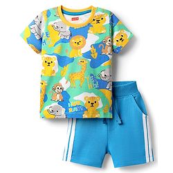 Babyhug Single Jersey Knit Half Sleeves T-Shirt & Shorts Set  with Jungle Theme Print & Tape Detailing - Blue