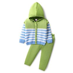 Babyhug Knitted Full Sleeves Striped Hooded Sweater Set - Light Green