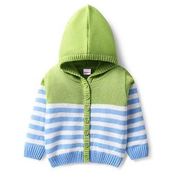 Babyhug Knitted Full Sleeves Striped Hooded Sweater Set - Light Green