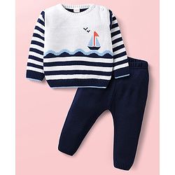 Babyhug Knit Full Sleeves Sweater Set With Stripes & Nautical Theme Design - Navy Blue