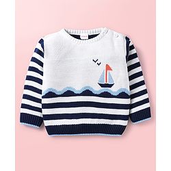 Babyhug Knit Full Sleeves Sweater Set With Stripes & Nautical Theme Design - Navy Blue