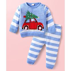 Babyhug Knit Full Sleeves Sweater Set With Stripes & Christmas Theme Design - Light Blue & White