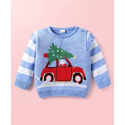 Babyhug Knit Full Sleeves Sweater Set With Stripes & Christmas Theme Design - Light Blue & White