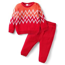 Babyhug Knitted Full Sleeves Sweater Set with Chevron Design - Red