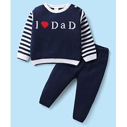 Babyhug Knitted Full Sleeves Sweater Set with Stripes & Text Design - Royal Blue