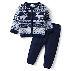 Babyhug Knitted Full Sleeves Front Open Sweater Set With Reindeer Design - Royal Blue