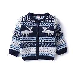 Babyhug Knitted Full Sleeves Front Open Sweater Set With Reindeer Design - Royal Blue