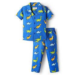 Babyhug Cotton Woven Half Sleeves Co-ords Night Suit with Dino Print - Blue