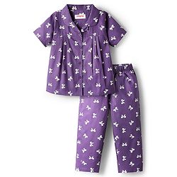 Babyhug Cotton Woven Half Sleeves Co-Ords Nightsuit With Bow Print - Purple