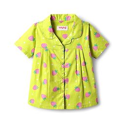 Babyhug Cotton Woven Half Sleeves Co-Ords Nightsuit With Strawberry Print - Green