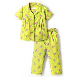 Babyhug Cotton Woven Half Sleeves Co-Ords Nightsuit With Strawberry Print - Green