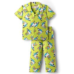 Babyhug Cotton Woven Half Sleeves Co-ords Night Suit With Shark Print - Lime Green
