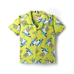 Babyhug Cotton Woven Half Sleeves Co-ords Night Suit With Shark Print - Lime Green