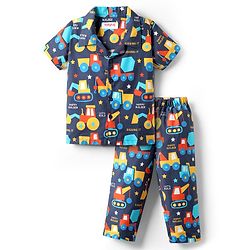 Babyhug 100% Cotton Woven Half Sleeves Co-ords Night Suit With Vehicle Print - Navy Blue