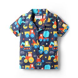 Babyhug 100% Cotton Woven Half Sleeves Co-ords Night Suit With Vehicle Print - Navy Blue