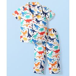 Babyhug Cotton Woven Half Sleeves Co-ords Night Suit With Dino Print - White