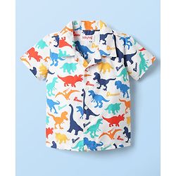 Babyhug Cotton Woven Half Sleeves Co-ords Night Suit With Dino Print - White