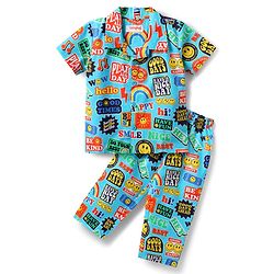 Babyhug Cotton Woven Half Sleeves Co-ords Night Suit with Text Print - Light Blue