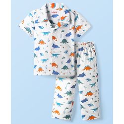 Babyhug Cotton Woven Half Sleeves Co-ords Night Suit With Dino Print - White