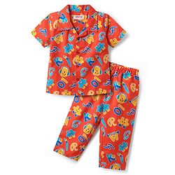 Babyhug Cotton Woven Half Sleeves Alphabet Printed Co-ords Night Suit  - Red