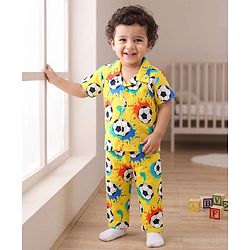 Babyhug 100% Cotton Woven Half Sleeves Co-ords Night Suit With Football Print - Yellow