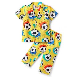 Babyhug 100% Cotton Woven Half Sleeves Co-ords Night Suit With Football Print - Yellow