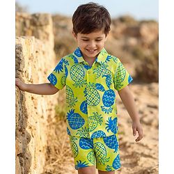 Babyhug Single Jersey Knit Half Sleeves Front Open Co-Ord Shirt and Shorts Set with Tropical Print - Neon Green