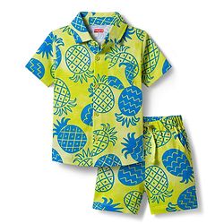 Babyhug Single Jersey Knit Half Sleeves Front Open Co-Ord Shirt and Shorts Set with Tropical Print - Neon Green